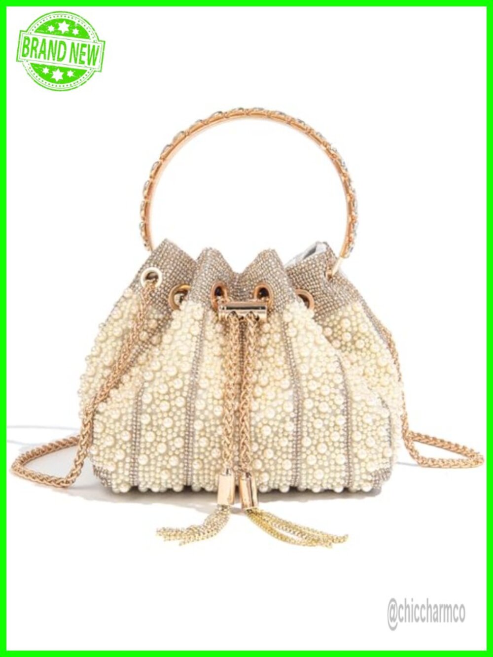 Pearl Rhinestone Bucket Clutch Crossbody Evening Bag Chain Wedding Prom